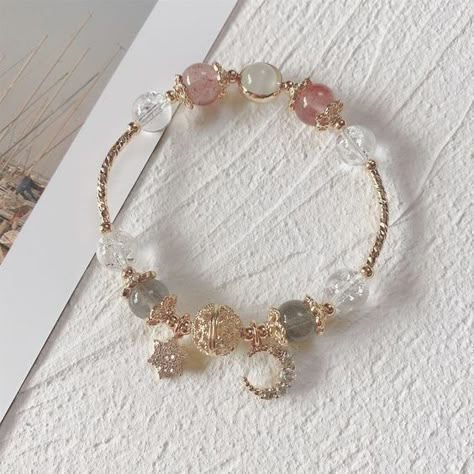 Strawberry Crystal Bracelet Pink Crystal Bracelet Diy Bracelets Beads, Cutesy Clothes, Pink Crystal Bracelet, Strawberry Crystal, Ethereal Jewelry, Girly Bracelets, Bracelets Beads, Pretty Jewelry Necklaces, Handmade Gold Jewellery