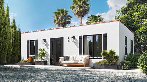 Prefab Adu California, Adu Ideas Modern, Adu Home Ideas, Spanish Bungalow Exterior, Casita Exterior, Spanish Style Bungalow, California Spanish Bungalow, Small Spanish House, Adu Ideas