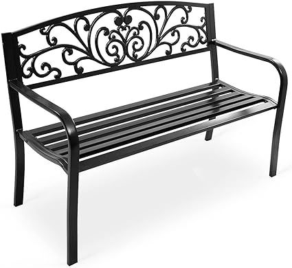 Tangkula Outdoor Steel Garden Bench Park Bench, 50 Inch Patio Park Bench Chair with Heavy-Duty Steel Frame, Outdoor Welcome Bench with Casted Pattern, Ideal for Yard Porch Balcony Garden Park Bench Porch, Porch Chairs, Bench Chair, Steel Bench, Porch Balcony, Porch And Balcony, Patio Bench, Metal Bench, Bench Decor