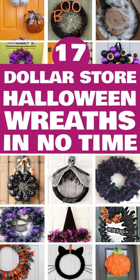 17 Halloween wreaths made from dollar store items, featuring various creative designs. Wreath Halloween Diy, Homemade Halloween Wreaths, Diy Witch Wreath, Easy Halloween Wreaths Diy, Halloween Wreath Ideas Diy Dollar Tree, Halloween Door Wreaths Diy, Spooky Wreath Diy, Diy Halloween Wreath Ideas, How To Make A Halloween Wreath