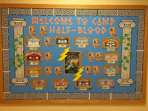 Welcome to Camp Half-Blood! This is my most recent bulletin board creation for our class novel "The Lightning Thief" (Percy Jackson and the Olympians, Book 1) Mythology Classroom Theme, Percy Jackson Lightning Thief, Percy Jackson Birthday, Percy Jackson Party, Expeditionary Learning, Lightning Thief, Book Presentation, The Olympians, The Lightning Thief