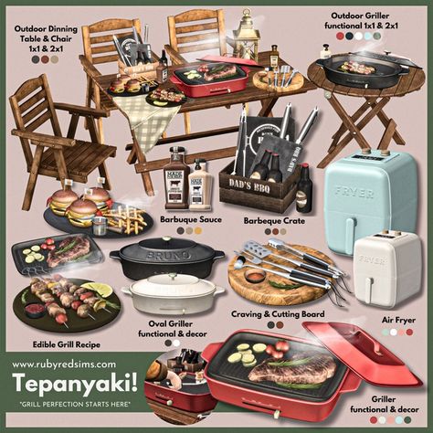 [Preview] Tepanyaki grill Set and New custom food | Patreon Sims 4 Bbq Grill Cc, Sims 4 Bbq Cc, Sims 4 Cc Pet Stuff, Sims 4 Designer Cc, Sims 4 Cc Functional, Sims 4 Restaurant, Sims Furniture, Witchy House, Sims 4 Kitchen