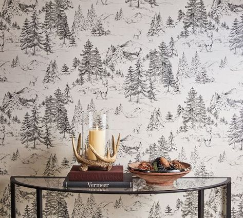 rustic forest | Pottery Barn Cabin Wallpaper, Boys Room Wallpaper, Woodland Wallpaper, Bedroom Revamp, Rustic Wallpaper, Ski Cabin, Mountain Wallpaper, Mirrored Wallpaper, Ski House