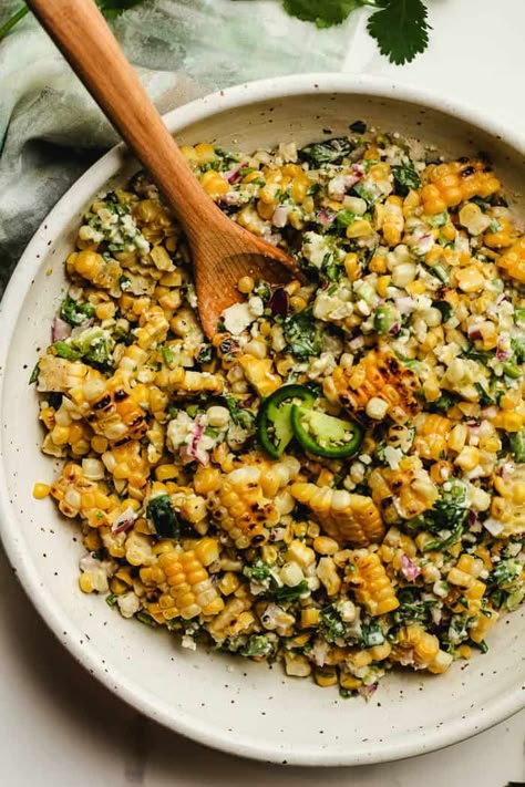 Salad With Jalapeno, Street Corn Salad Recipe, Mexican Street Corn Salad Recipe, Asian Cabbage Salad, Creamy Salad, Street Corn Salad, Corn Salad Recipe, Charred Corn, Mexican Salads