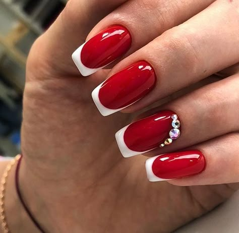 Red And White French Tip Nails Square, Red Nails With French Tip, Gel Nail Designs Red And White, Red Nails With White Tips, Red And White French Nails, Red And White Gel Nail Designs, White French Tips With Red Design, Red Nail White French Tip, Red On Red French Manicure