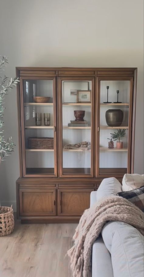 Brown furniture Large Curio Cabinet, China Cabinet In Living Room Ideas, Brown China Cabinet Decor, China Cabinet Living Room, Living Room China Cabinet, Brown China Cabinet, Hutch In Living Room, White And Brown China Cabinet, Dark Wood China Cabinet