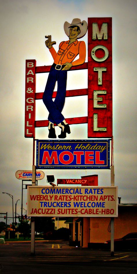 Midnight Cowboy - Jon Lander - copyright 2013 - semi-old motel sign, Wichita, KS, Western Holiday Motel. A bar, truckers, cowboys, jacuzzis?  What could go wrong? Old Motel, Cowboy Bar, Motel Signs, Roadside Signs, Old Neon Signs, Motel Sign, Western Signs, Retro Signage, Sign Language Phrases