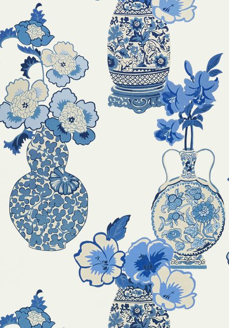 Blue And White Paintings, Anna French Wallpaper, Blue Powder Rooms, Blue Apartment, Blue Blanc, معرض فني, Blue And White Wallpaper, Thibaut Wallpaper, French Wallpaper