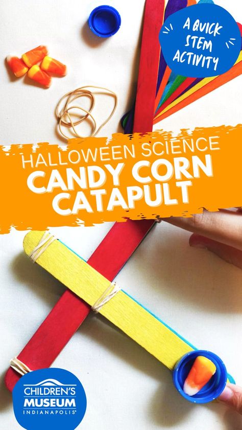 Have leftover candy from Halloween? Build a candy corn catapult for a quick STEM halloween experiment. Candy Corn Stem, Family Learning Activities, Halloween Experiments, Homeschool Science Lessons, Halloween Stem Activities, Halloween Stem, Stem Experiments, Thanksgiving Kindergarten, Leftover Candy