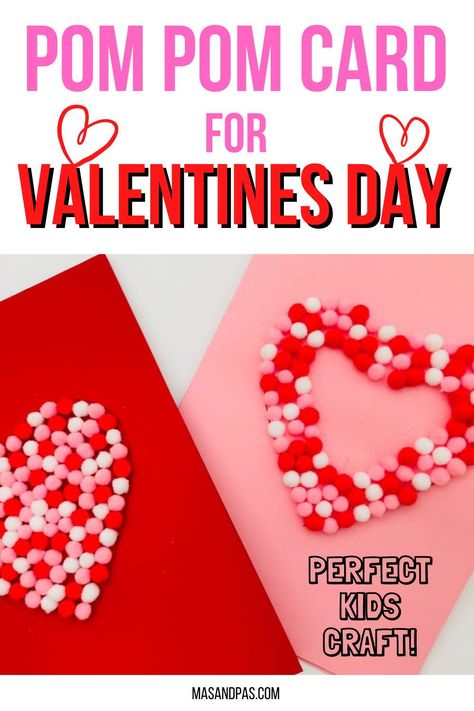 This is a great DIY Valentine's card that toddlers and kids can make with just pom poms and glue. The result is a great 3D Valentines card that makes for a beautiful gift too. Kids will love making it as a Valentines craft. And the finished result is a beautiful card to give to a loved one on Valentine's Day. #pompomvalentinescard #valentinesday #valentinescard #valentinescardforkids #valentinescraftforkids Valentine Preschool Activities, Conversation Hearts Crafts, Valentine's Games, Valentine's Day Snacks, Kids Crafts Preschool, Preschool Valentine's, Diy Kids Activities, Valentine Card Crafts, Learning Activities For Preschoolers