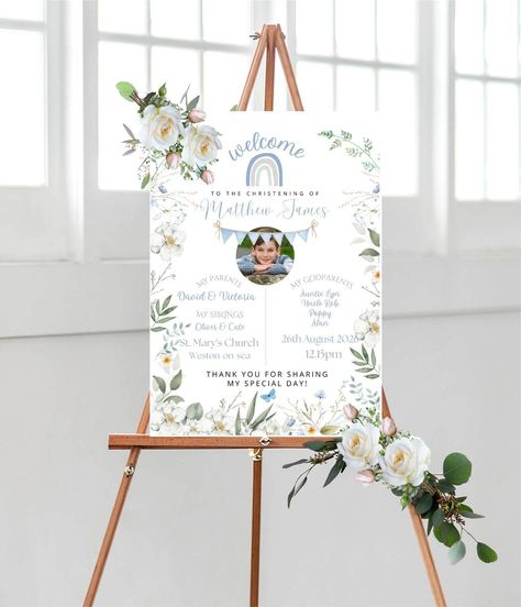 Christening Welcome Sign, Christening Display Board, Baptism Entrance Sign, Naming Day Welcome,  Blue Rainbow Christening Day Welcome Sign Watercolour Foliage, Christening Party, Welcome Boards, Boy Christening, Entrance Sign, Paper Light, Blue Rainbow, Name Day, Paper Poster