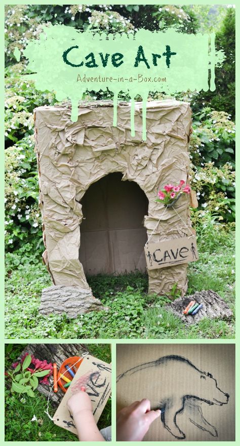 Cave Art for Kids: Build a cardboard cave, then decorate its walls! A great craft for studying cave art and prehistoric times with kids. Diy Cave, Cave Craft, Prehistoric People, Cave Quest, Hall Ways, Bear Cave, Kids Building, Cave Drawings, Arts And Crafts For Teens