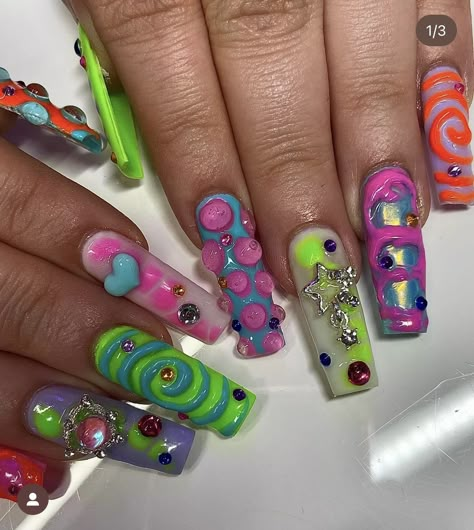 90s Nail Art Design, Wacky Nail Designs, Crazy Nail Designs Unique, 90s Theme Nails, Carribean Nails, Tacky Nails, Weird Nails, Bright Colored Nails, Nail Art Colorful