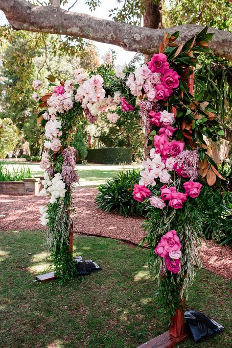 Bright Pink Wedding Theme, Pink Orange Green Wedding Flowers, Pink Orange Yellow Green Wedding, Bright Pink And Green Wedding, Pink Green White Bouquet, Bright Pink Blush, Pink And White Floral Arch, Green Wedding Palette, Pink And Green Wedding