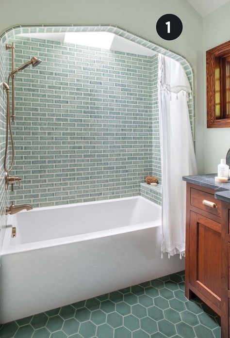 Addressing an Outdated Family Bath — Old House Online Arched Tub Alcove, Stacked Shower Niche, Tiled Tub Shower Combo, Craftsman Style Bathrooms, Bathrooms 2024, Modern Farmhouse Bathrooms, Moody Room, Bathroom Tub Shower Combo, Colorful Bathroom Tile