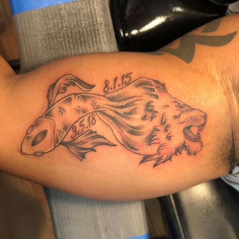 Pisces And Leo Tattoo Combined, Leo Pisces Tattoo, Leo And Pisces Tattoo, Leo Tattoo Ideas, Small Leo Tattoo, Leo Symbol Tattoos, Tattoos Mom, Small Lion Tattoo, About Leo