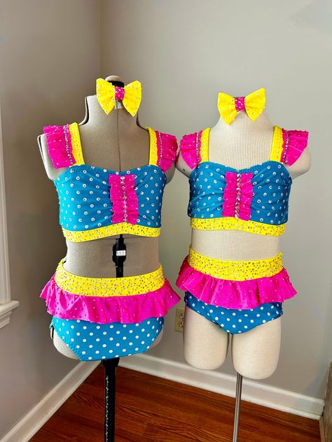 Dance Moms Costumes, Pretty Dance Costumes, Jazz Dance Costume, Custom Dance Costumes, Dance Competition Costumes, Competition Costumes, Jazz Dance Costumes, Yellow Bow, Baby Minnie