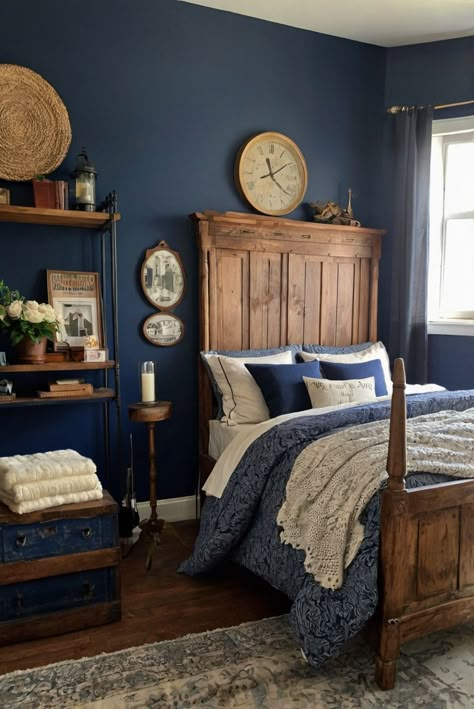 home interior design, decorating interiors, interior bedroom design, living room interior Blue Vintage Room, Blue Vintage Bedroom, Vintage Blue Bedroom, English Style Bedroom, Dark Blue Room, Vintage Room Aesthetic, Americana Bedroom, English Bedroom, Blue And Cream Bedroom