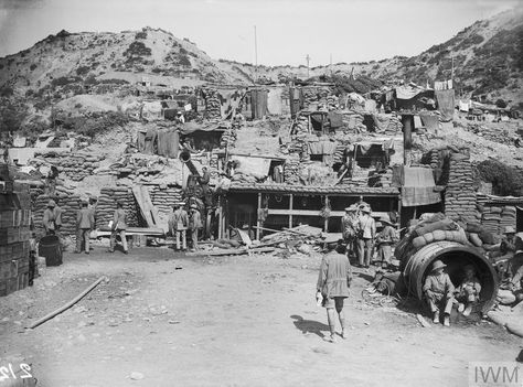 A corner of the Anzac Cove with terraces of dugouts and condensers for supplying fresh water.  THE GALLIPOLI CAMPAIGN, APRIL 1915-JANUARY 1916 Gallipoli Campaign, Ww1 History, The Great, Military Personnel, Native American History, British History, African American History, Women In History, Ancient History