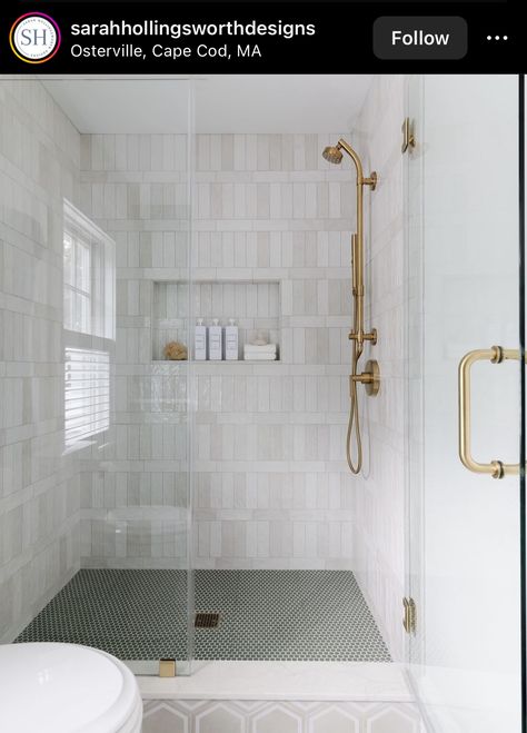 Shower Niche Ideas, Brass Shower Fixtures, Penny Tiles Bathroom, Recessed Shelves, Bathroom Design Small Modern, Niche Ideas, Melbourne Street, Narrow Bathroom, Penny Tile