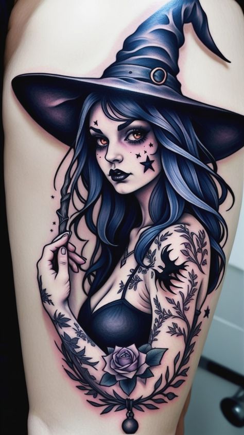 Gothic Witch Tattoo Designs, Mystic Tattoo Designs, Eerie Tattoos, Witch Tattoo Ideas, Halloween Flash Tattoo, Witch Tattoos, Witchy Tattoos, Magical Aesthetic, Mystical Elements