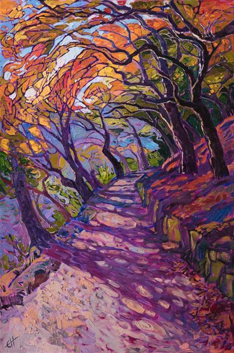 Mosaic path colorful oil painting by modern impressionist painter Erin Hanson Modern Mosaic, Erin Hanson, Contemporary Impressionism, Painter Painting, Colorful Oil Painting, Arte Van Gogh, Soyut Sanat Tabloları, 수채화 그림, Impressionist Art