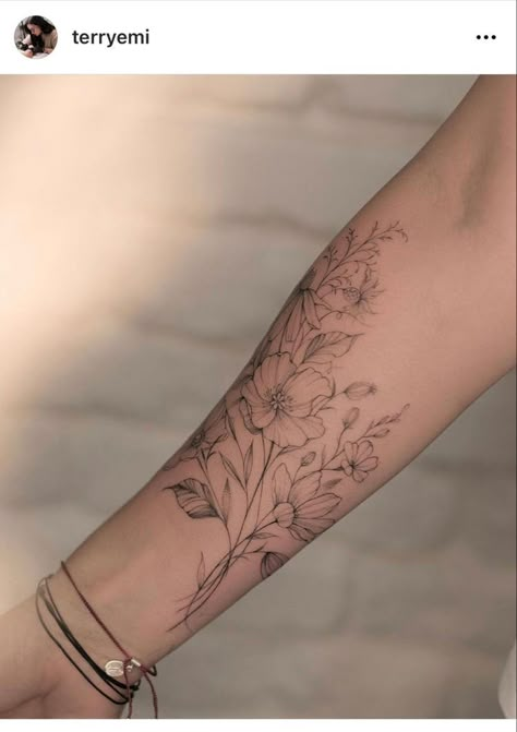 Floral Half Sleeve Tattoo Forearm Simple, Floral Vine Arm Tattoos For Women, Flower Tattoos Wrap Around, Woman Half Sleeve Tattoo Lower Arm, Birth Flower Tattoos Wrap Around, Flower Tattoos Lower Arm, Larkspur Arm Tattoo, Lower Arm Vine Tattoos For Women, Floral Inner Wrist Tattoo