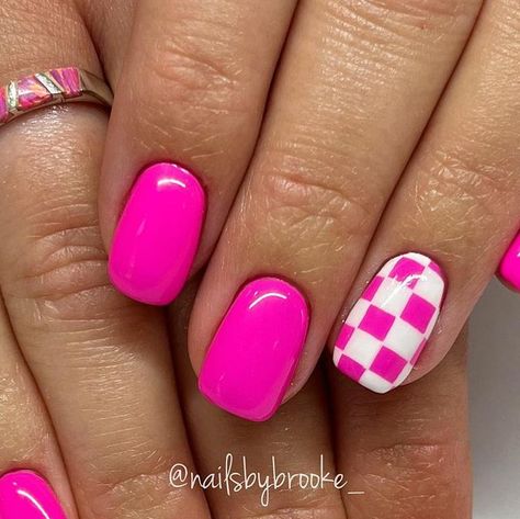 Brooke Jensen on Instagram: "💗We love a good pink moment in November!🎀 . . 🩷-using color 031 from @uglyducklingnails @uglyducklingproducts . . #gelpolish #handpaintednailart #naturalnailsonly #utahnailtech #utahnailartist #nailartist #nailart #naildesigns #nailartdesigns #freehandart #freehandnailart #gelnails #nails #nailmagazine #nailinspo #fallnails #fallnailart #novembernails #novembernailart #trendyfallnails #trendyfallnailart #neonpinknails #pinknails #brightpinknails #checkerednails #checkerednailart #pinkcheckerednails #pinkfallnails #fallcheckerednails" Wild Nails Acrylic, 70s Nail Colors, Short Nails Ideas Neon, Hot Pink And Checkered Nails, Hot Pink Checkered Nails, Neon Checkered Nails, Square Checkered Nails, Chequered Nails, Checkered Acrylic Nails