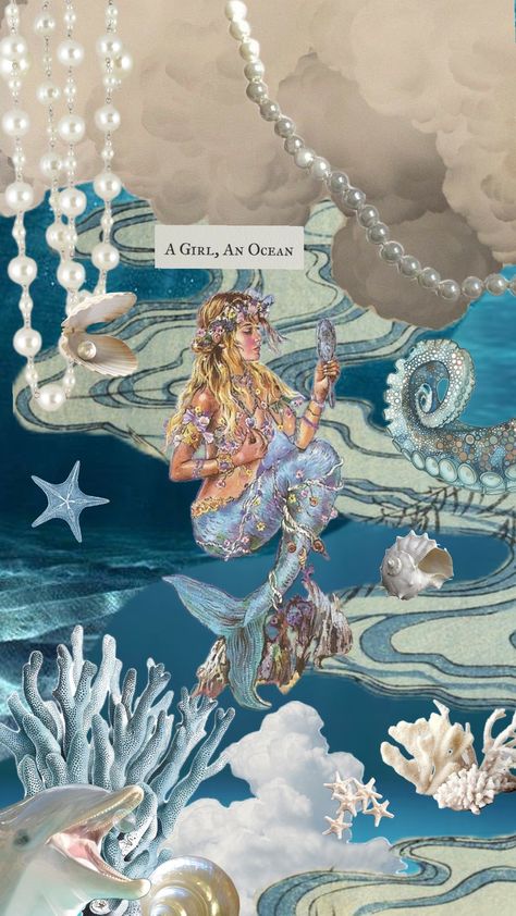 Ocean Theme Mood Board, Under The Sea Mood Board, Nereid Aesthetic, Marine Aesthetic, Brandy Rose, Mermaid Collage, Environmental Posters, Beach Wall Collage, Rose Music