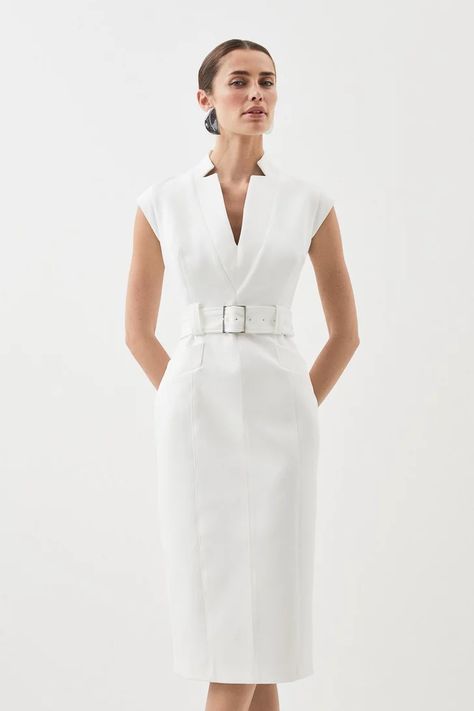 Business Professional Dresses, Wardrobe Window, Dresses Mid Length, White Pencil Dress, Interview Dress, Pencil Dresses, High Low Midi Dress, Knit Skater Dress, Paris Chic