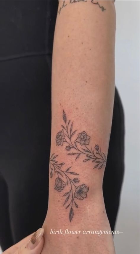 Aster Flower Vine Tattoo, Daffodil Wrap Around Tattoo, Birthflower May Tattoo, Morning Glory And Aster Flower Tattoo, Birth Flower Vine Tattoos, Aster And Morning Glory Tattoo September, Primrose Tattoo Design, Morning Glory Vine Tattoo, Violet And Primrose Flower Tattoo