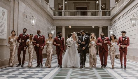 Rose Gold & Wine Wedding Party Burgundy Rose Gold Champagne Wedding, Wine Rose Gold Wedding, Burgundy And Rose Gold Dress, Red And Gold Bridal Party, Burgundy And Rose Gold Tuxedo Wedding, Burgundy And Gold Wedding Groomsmen, Rose Gold And Maroon Wedding Theme, Red Wine And Gold Wedding, Rose Gold And Burgundy Wedding Theme Dresses