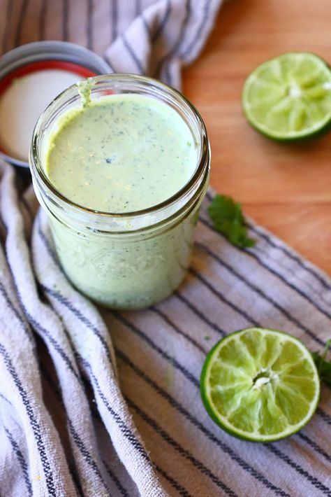 Creamy Cilantro Lime Dressing. - Healthy Elizabeth Jalapeño Ranch Dressing, Cilantro Lime Ranch Dressing, All The Healthy Things, Jalapeño Ranch, Jalapeno Ranch Dressing, Pollo Tropical, Cilantro Garlic Sauce, Garlic Sauce Recipe, Cilantro Lime Sauce