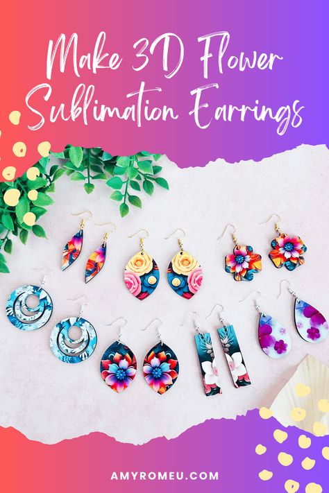 How to Make 3D Flower Sublimation Earrings. Full tutorial and free earring designs download available at amyromeu.com Sublimation Designs For Earrings, Sublimation Earrings Designs, Sublimation Earring Designs Free, Free Sublimation Downloads, Free Sublimation Designs, Sublimation Earring Designs, Cricut Earrings, Sublimation Earrings, Pretty Watches