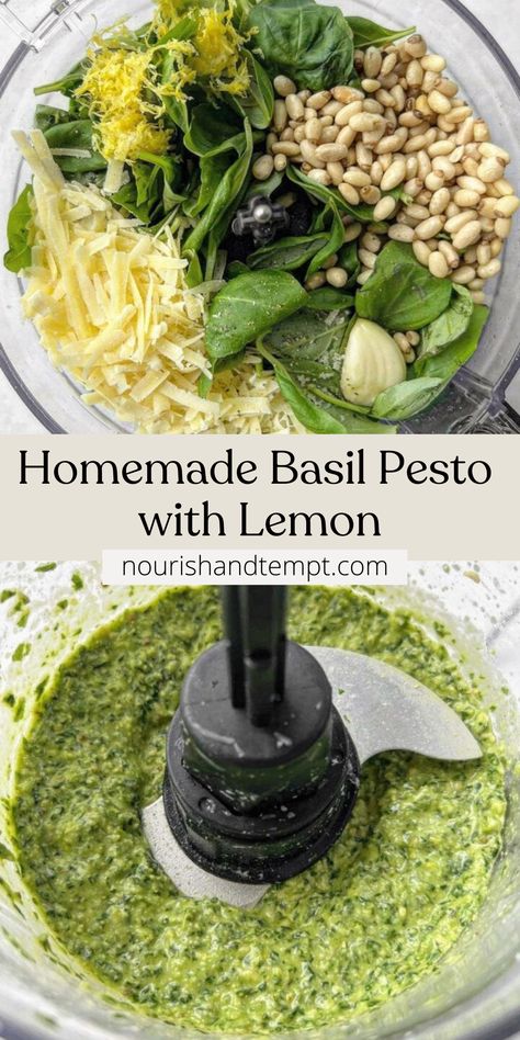 Pesto in a food processor before blending and after blending Pesto Recipe Mortar And Pestle, Mortar And Pestle Recipes, Easy Pesto Recipe, Lemon Basil Pesto, Diy Salad Dressing, Healthy Dressings, Homemade Basil Pesto, Basil Pesto Recipe, Homemade Pesto Recipe