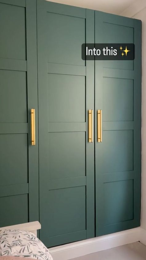 Bedroom Wardrobe Paint Ideas, Green Color Wardrobe Design, Green Painted Wardrobe, Green Wardrobes Bedroom, Entryway Cupboards, Ikea Pax Green, Fitted Wardrobe Colour Ideas, Dark Green Wardrobe Bedroom, Painted Pax Wardrobe