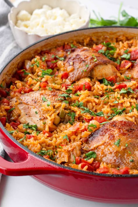 One Pot Mexican Rice with Chicken Thighs - Cooking For My Soul Mexican Chicken Rice, Spanish Rice Chicken, Chicken And Mexican Rice, Mexican Chicken Recipes For Dinner, Chicken Salsa Rice, Spicy Rice Chicken Recipes, Mexican Chicken Thighs Recipes, Easy Mexican Chicken And Rice, Tomato And Rice Recipes