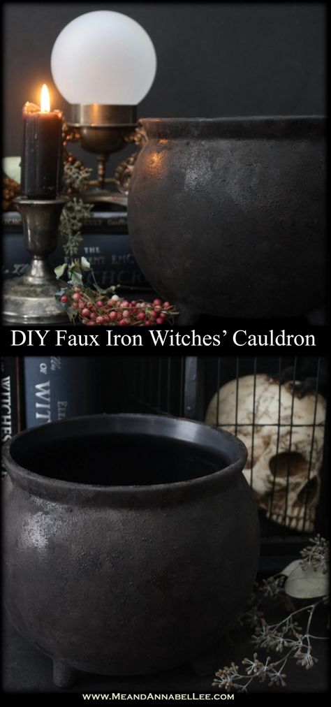 Diy Witches Cauldron How To Make, Halloween Witches Cauldron, Diy Halloween Cauldron Decor, How To Make A Witches Cauldron, Witches Cauldron Decoration, Witches House Halloween Decorations, Diy Cauldron Halloween Prop, Halloween Cauldron Decoration, Witches Cauldron Diy