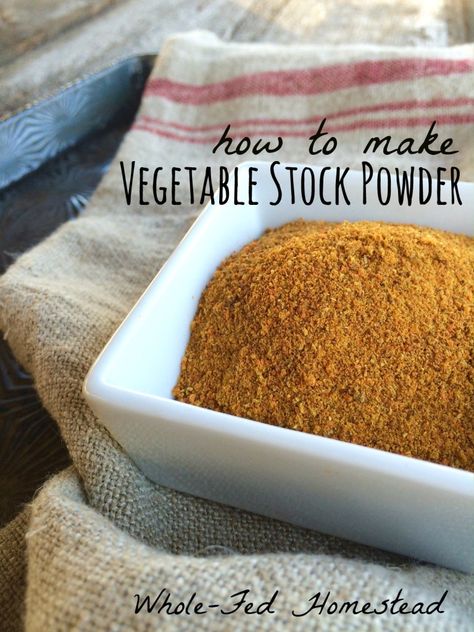 How to Make Vegetable Stock Powder - Preserve your vegetables with vegetable stock powder: a great way to use up extra veggies from the garden, or old vegetables in the back of the fridge! Whole-Fed Homestead Vegetable Bullion Recipe, Vegetable Stock Powder, Dehydrated Vegetable Soup Mix Recipes, Dehydrated Veggie Powder, Dehydrator Soup Mixes, Diy Vegetable Bouillon, Vegetable Bullion, Dehydrated Tomato Powder, Homemade Vegetable Bouillon Powder