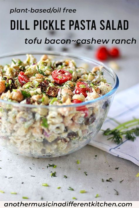 Lift your taste buds with healthy, oil free vegan dill pickle pasta salad - all your favorite flavors in one big bowl. Creamy dill pickle ranch dressing, tofu bacon, tomatoes, celery, onions and of course more dill pickles! #plantbased #salads #vegan #tofubacon #maketofu #pastasalad #veganranch #healthyrecipes #recipes #anothermusicinadifferentkitchen.com Pasta Salad With Bacon, Pickle Pasta Salad, Pickle Pasta, Dill Pickle Pasta Salad, Vegan Pasta Salad, Oil Free Vegan Recipes, Vegan Ranch, Bacon Tomato, Brown Spots Removal