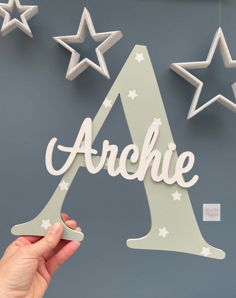 30cm Large Initial with Name wooden letter wall decor **Please read all of product description before purchasing** These letters with script font names make a lovely addition to any child's bedroom or nursery They can be painted to suit (see colour chart in listing photos) and can have hand painted flowers, stars, hearts, clouds or unicorns on them. The pattern not meant to be perfect, there may be slight variations in the shape due to stencilling. This is not a fault but a unique charm of handm Tall Wall Decor, Wooden Letters For Nursery, Wood Initials, Mdf Letters, Gift Letter, Beige Room, Name Decorations, Letter Wall Decor, Childrens Bedroom Decor