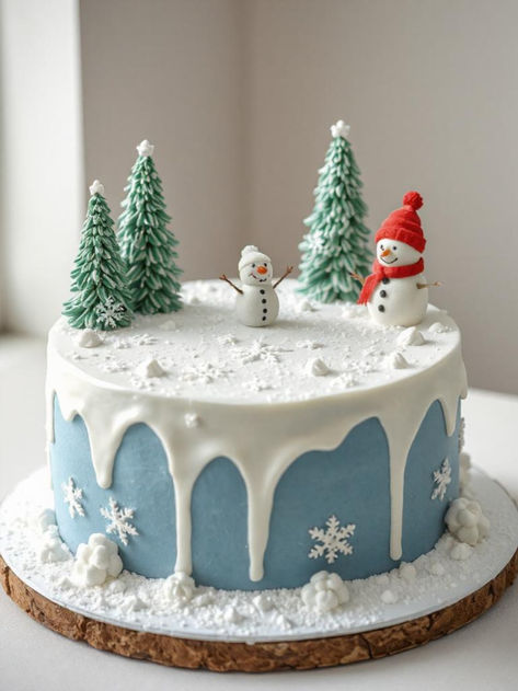 Winter Cake Designs Birthday, Xmas Cakes Decoration, Christmas Cake Snowman, Christmas Cake With Trees, Christmas Decor Ideas Cake, Melting Snowman Cake, 1st Birthday Christmas Cake, Snowman Cake Design, 1st Birthday Cake Winter