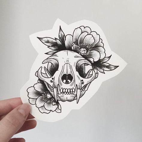 Cat Skull Tattoo, Flash Illustration, Skull Tattoo Flowers, Alchemy Tattoo, Skull Hand Tattoo, Tattoos Skull, Cat Skull, Skull Tattoo Design, Tattoo Feminina