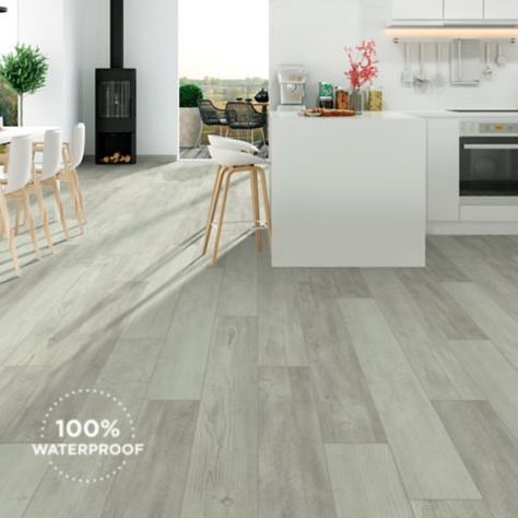 White Wood Tile Floor, Black Cupboards, Kitchen Restoration, Hybrid Flooring, Kitchen Grey, Flooring Kitchen, Flooring Wood, Grey Floor, 1st House