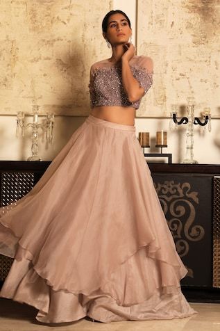 Organza Skirt with Embroidered Blouse Organza Skirt And Crop Top, Skirt And Crop Top Indian, Blouse With Skirt, Skirt With Embroidery, Crop Top Lehenga, Peach Fabric, Long Gown Design, Lehnga Dress, Layer Skirt