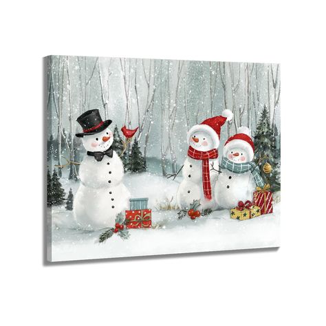 PRICES MAY VARY. 🎅 Charming Holiday Design: Adorable snowmen family adorned with cozy scarves and hats, set in a snowy forest with beautifully wrapped gifts and a vibrant cardinal 🎅 High-Quality Material: Crafted from waterproof and scratch resistant canvas and high definition GICLÉE printing with eco friendly fade resistance ink to ensure your holiday decoration lasts for years, with vivid colors that won't fade 🎅 Perfect Size: Measuring 15x12 inches (37×30 cm). Ideal for placing on mantels,