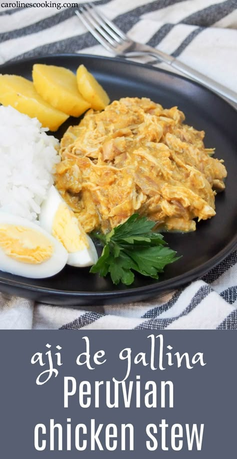 Aji de gallina (Peruvian chicken stew) - Caroline's Cooking Peruvian Recipes Chicken, Peruvian Chicken Stew, Peruvian Recipes Authentic, Peruvian Food Recipes, Peruvian Chicken Recipe, Chicken Leftovers, Shredded Chicken Recipe, Peruvian Chicken, Peruvian Dishes