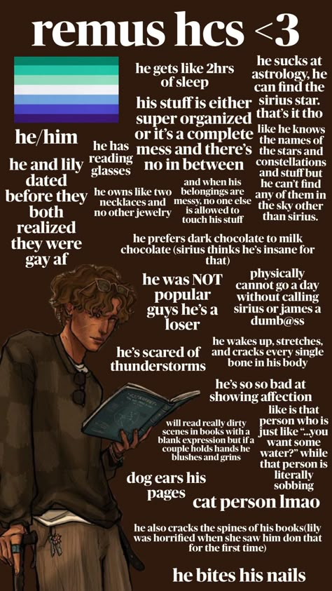 #remuslupin #headcannons #maraudersera Remus Headcanon, Remus Lupin Headcanon, Moony Remus Lupin Aesthetic, Remus Aesthetic, Marauders Headcanons, Marauders Headcannons, Remus Lupin Aesthetic, Sirius And Remus, Harry Potter Hogwarts Legacy