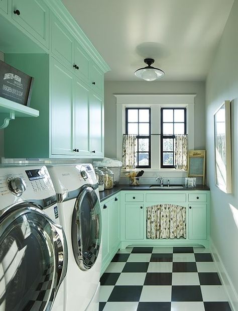 Mint Retro Laundry Room Vintage Laundry Room Ideas, Washer And Dryer Room, Eclectic Basement, Green Laundry Room, Herringbone Brick Floor, Retro Laundry Room, Laundry Shoot, Laundry Inspiration, Vintage Laundry Room Decor