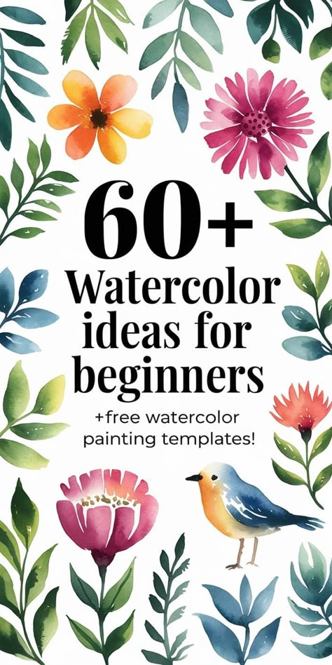 Dive into a world of color of Watercolor with 60+ Watercolor Painting Ideas, Easy Watercolor Tutorials and FREE painting templates! Download the free painting templates now and save this pin for future watercolor inspiration! #WatercolorInspiration #PaintingIdeas #WatercolorTutorials #FreePrintables #ArtProjects #DIYArt #PaintingTemplates #CreativeHobby #WatercolorArt #LearnToPaint 31 Easy Watercolor Art Ideas For Beginners, Toll Painting Patterns, Big Watercolor Painting Art Projects, Floral Watercolor Art, Traceable Drawings For Watercolor, Easy Things To Watercolor Paint, Watercolor Vases With Flowers, Simple Watercolour Ideas For Beginners, Whimsical Watercolor Art Ideas